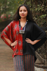 Taarini | Modal Silk Kaftan Top | Red Booti Ajrakh with Noir