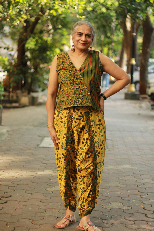 Bhoomi | Sleeveless Crossover Top | Stripes & Leaves Ajrakh Green