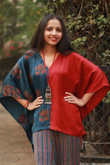 Taarini | Modal Silk Kaftan Top | Blue Lotus Ajrakh with Red
