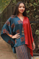 Taarini | Modal Silk Kaftan Top | Blue Lotus Ajrakh with Red