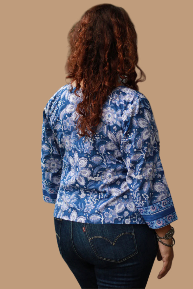 Mallika | Crossover Top | Floral Sanganeri Cobalt Blue