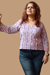 Mallika | Crossover Top | Striped Vines Sanganeri Pink
