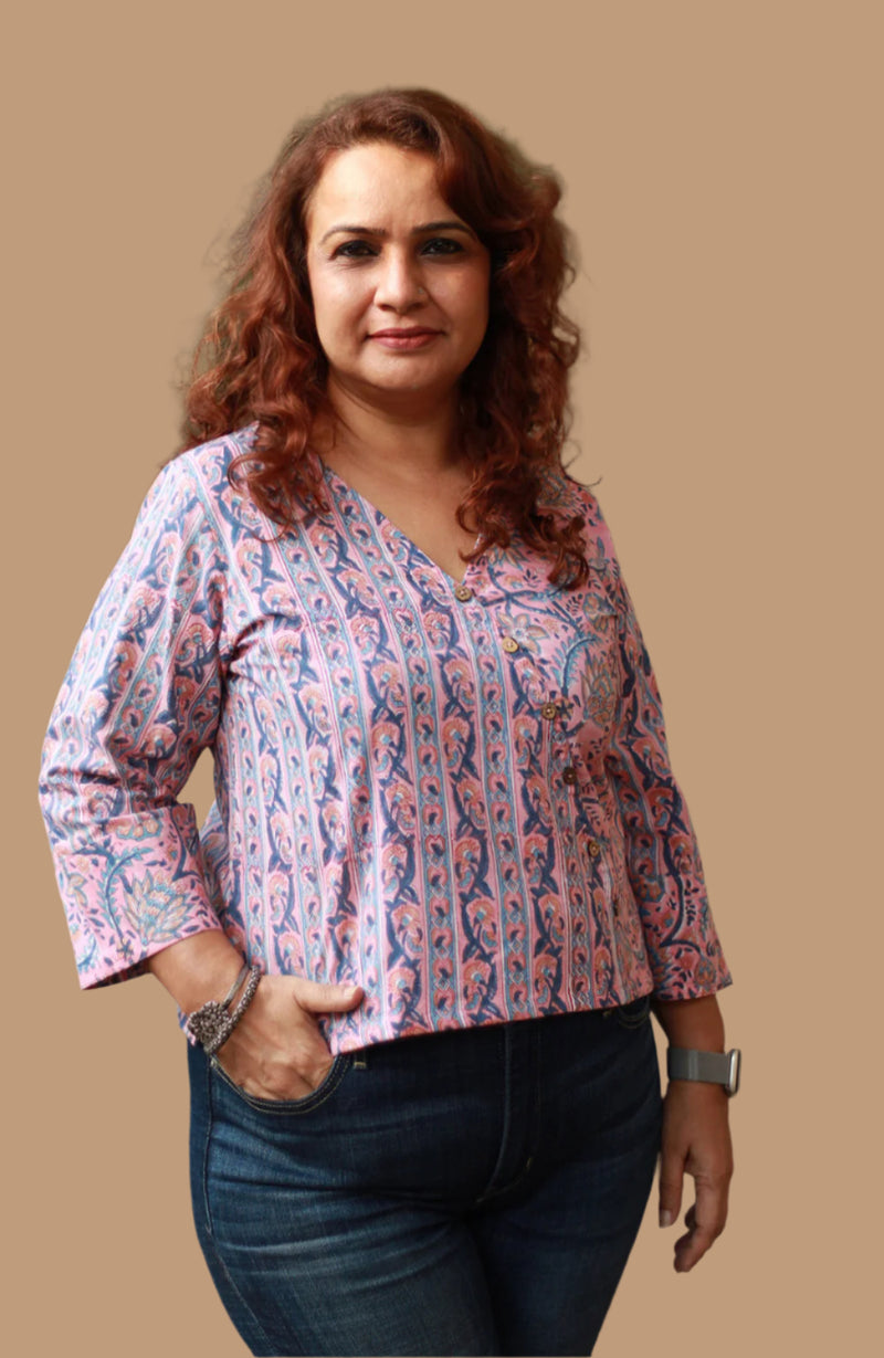 Mallika | Crossover Top | Striped Vines Sanganeri Pink
