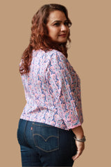 Mallika | Crossover Top | Striped Vines Sanganeri Pink