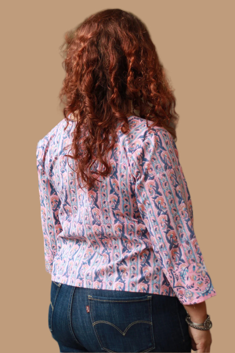 Mallika | Crossover Top | Striped Vines Sanganeri Pink
