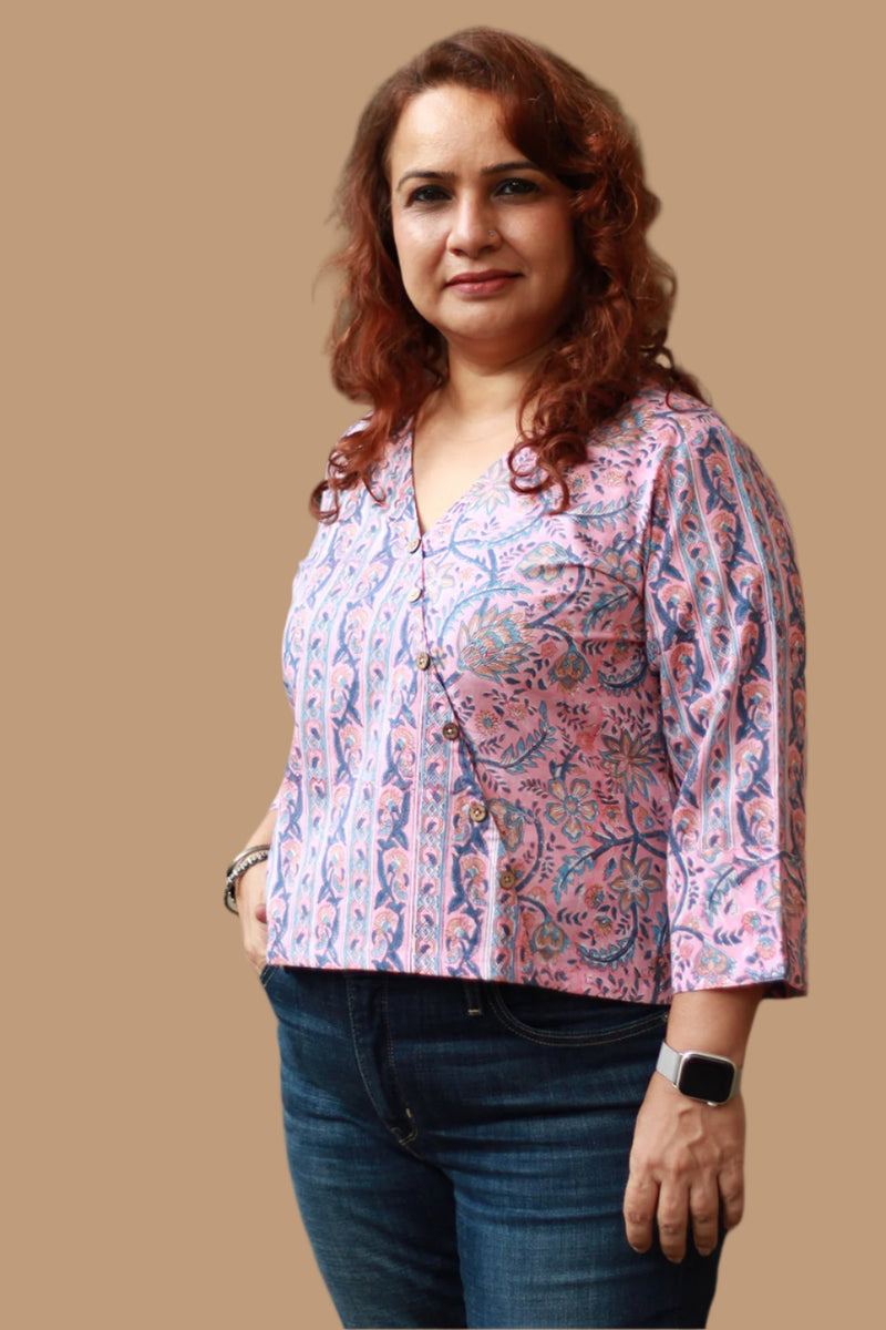 Mallika | Crossover Top | Striped Vines Sanganeri Pink