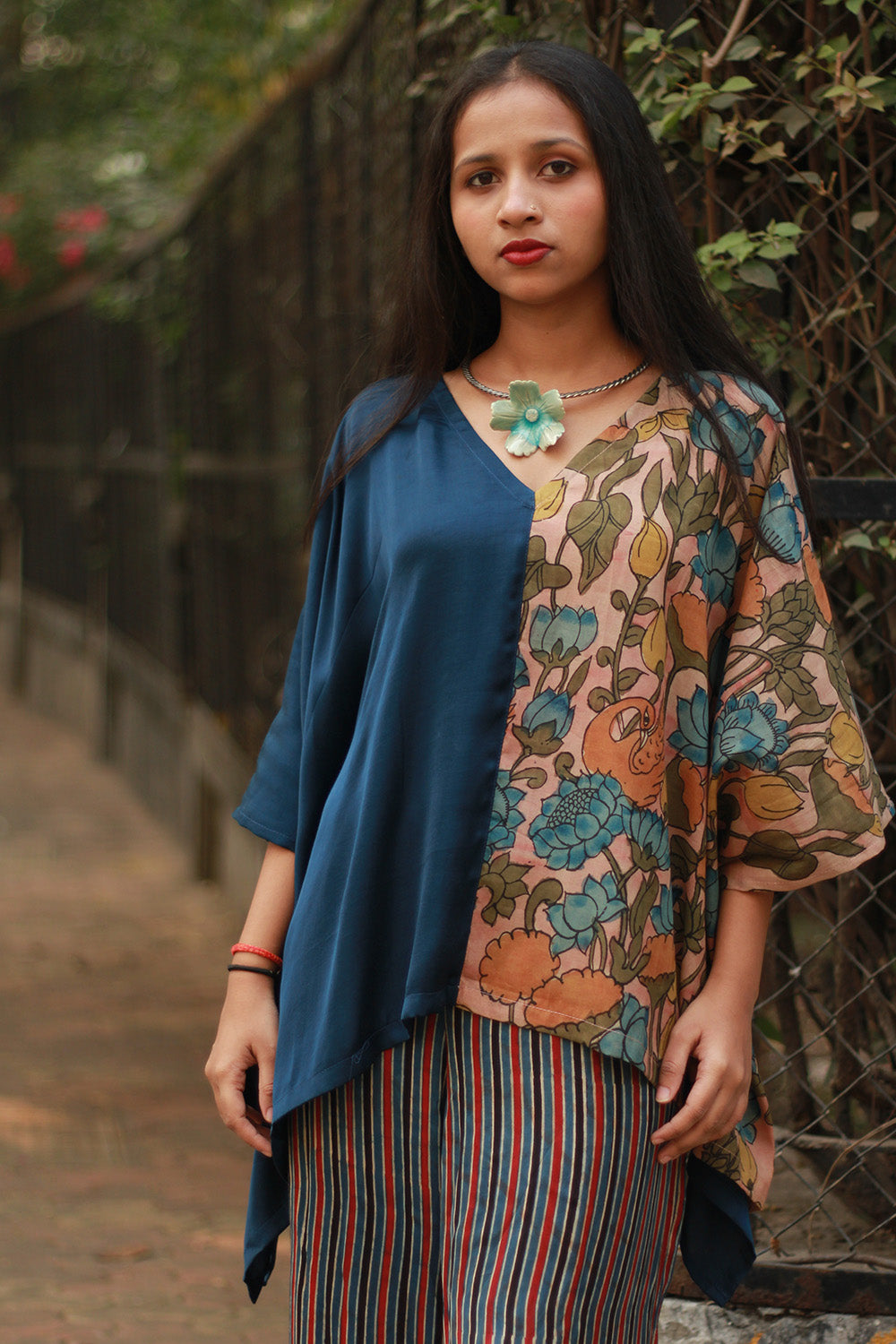 Taarini | Modal Silk Kaftan Top | Blue with Kalamkari