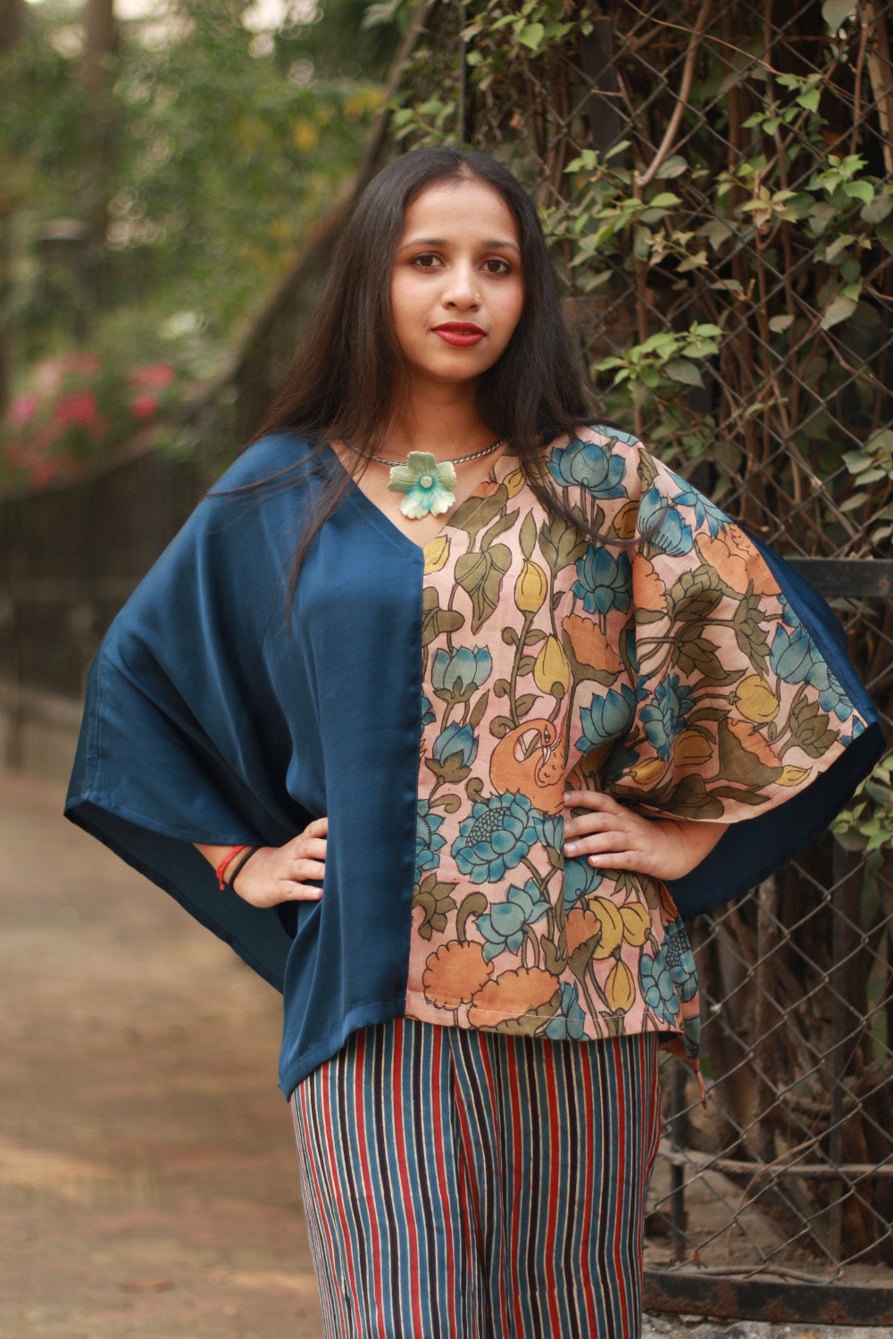 Taarini | Modal Silk Kaftan Top | Blue with Kalamkari