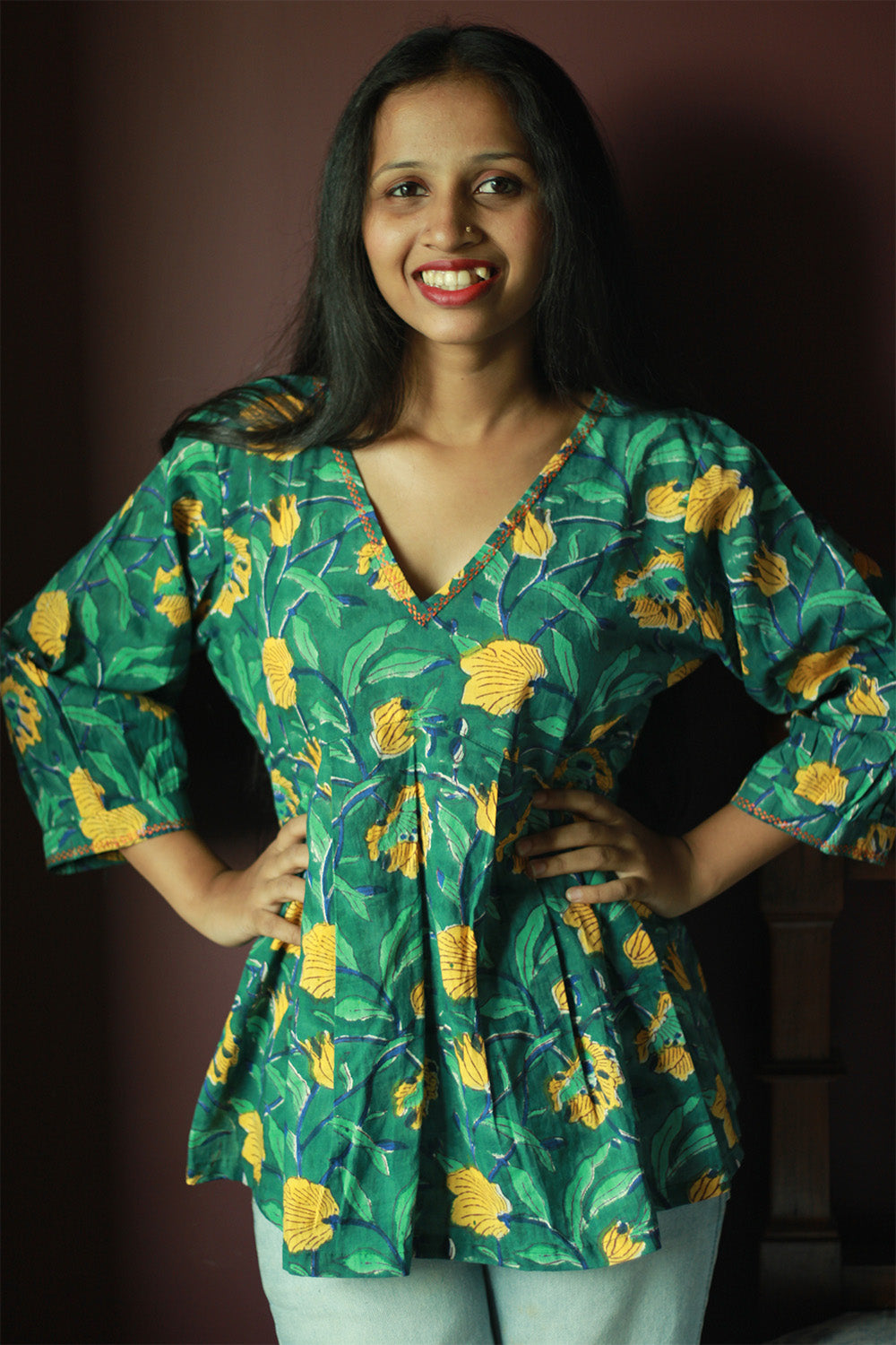 Peplum Top | Green Floral Sanganeri