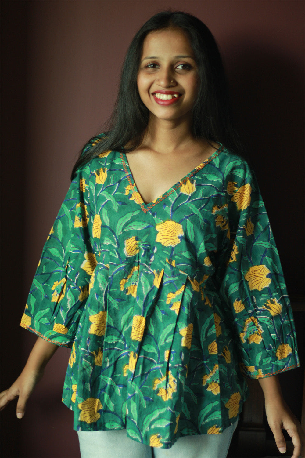 Peplum Top | Green Floral Sanganeri