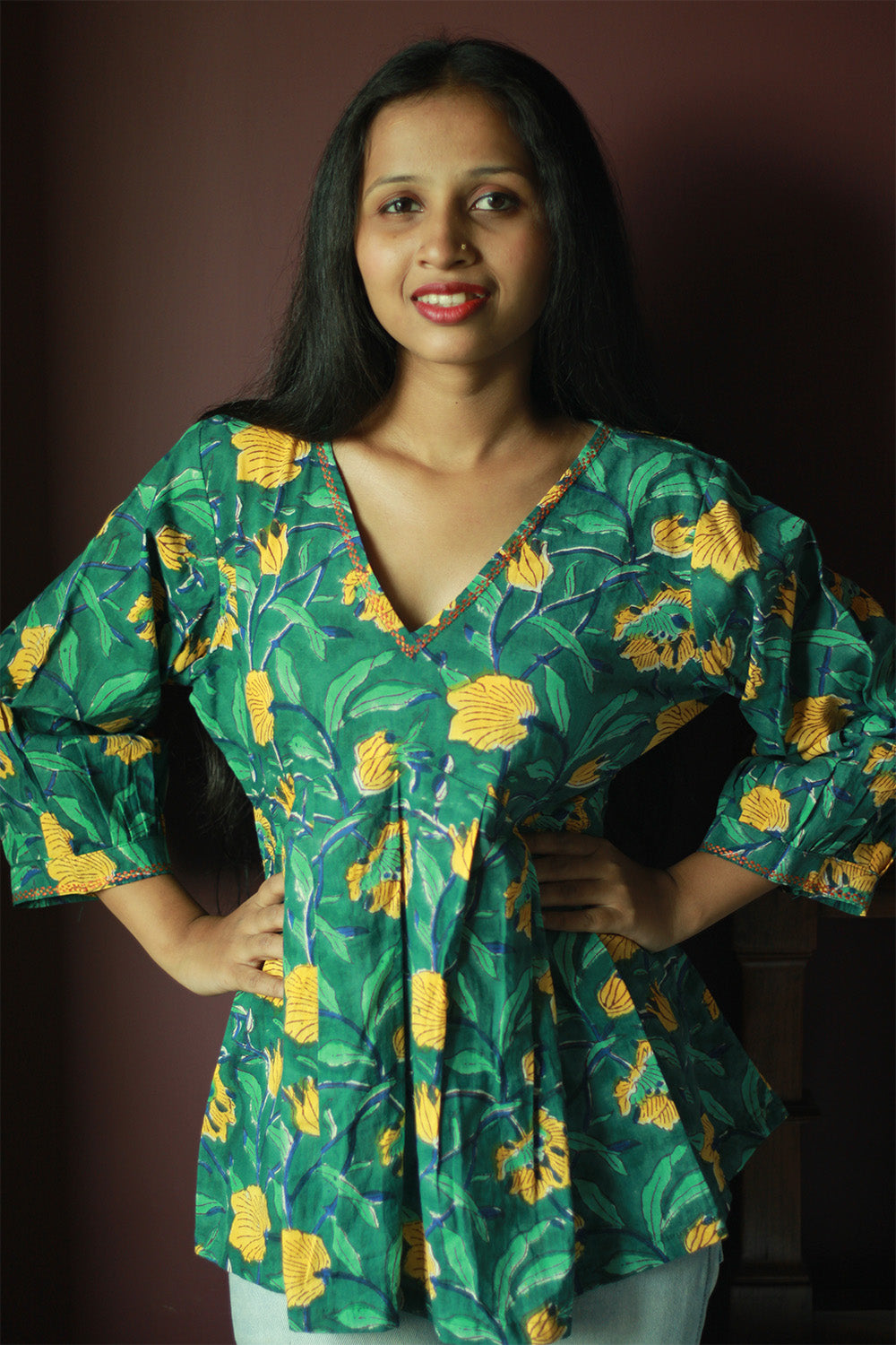 Peplum Top | Green Floral Sanganeri