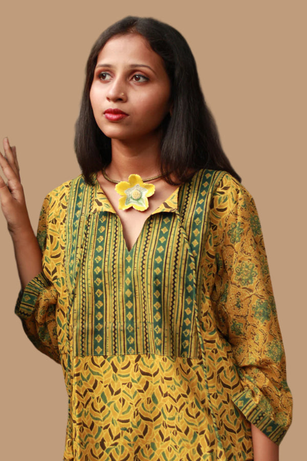 Saanjh | Cotton Top with Mul Sleeves | Mustard Leaves Ajrakh