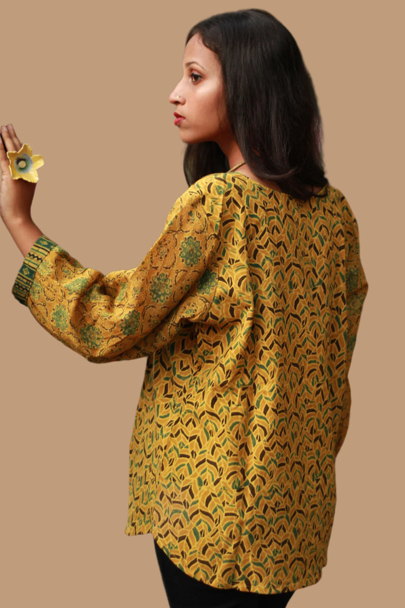 Saanjh | Cotton Top with Mul Sleeves | Mustard Leaves Ajrakh