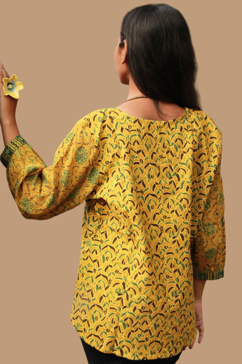 Saanjh | Cotton Top with Mul Sleeves | Mustard Leaves Ajrakh