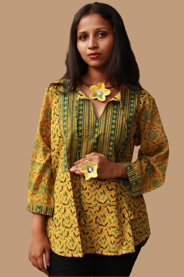 Saanjh | Cotton Top with Mul Sleeves | Mustard Leaves Ajrakh