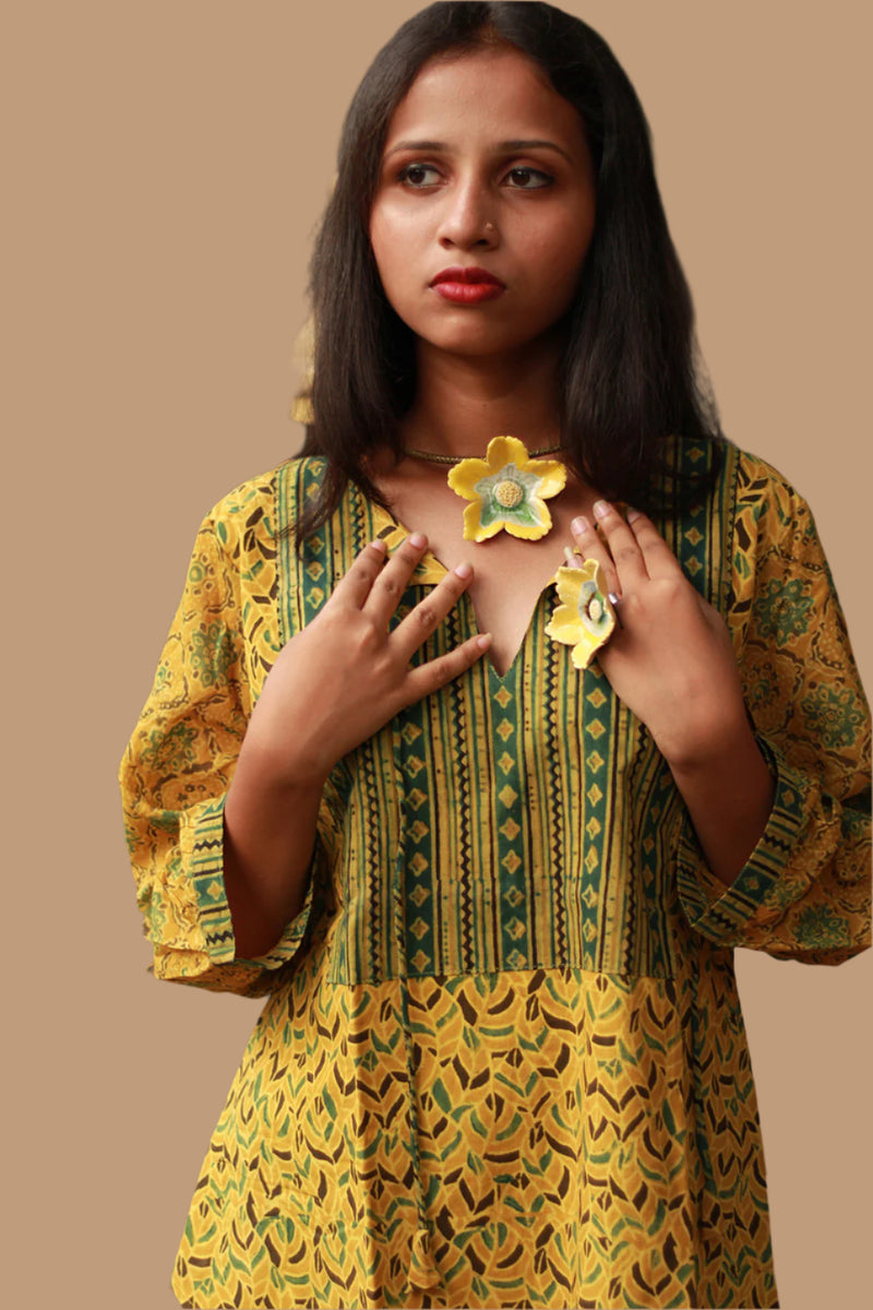 Saanjh | Cotton Top with Mul Sleeves | Mustard Leaves Ajrakh