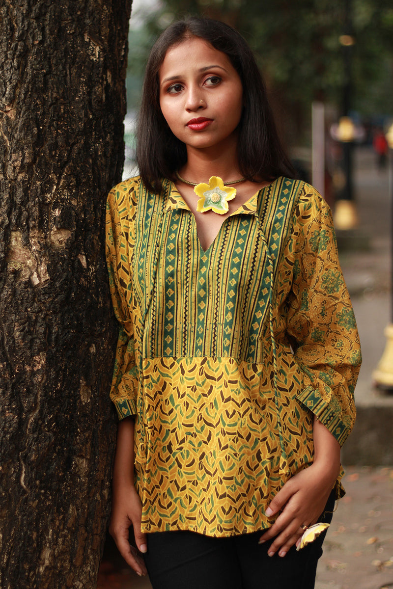 Saanjh | Cotton Top with Mul Sleeves | Mustard Leaves Ajrakh