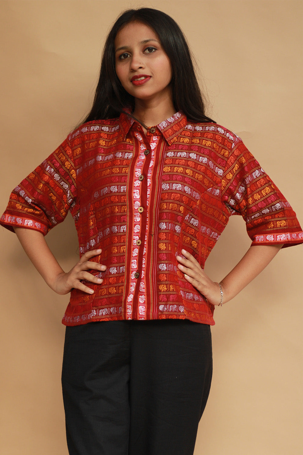 Kanaka | Khunn Cropped  Shirt-Blouse | Multicolour Elephants