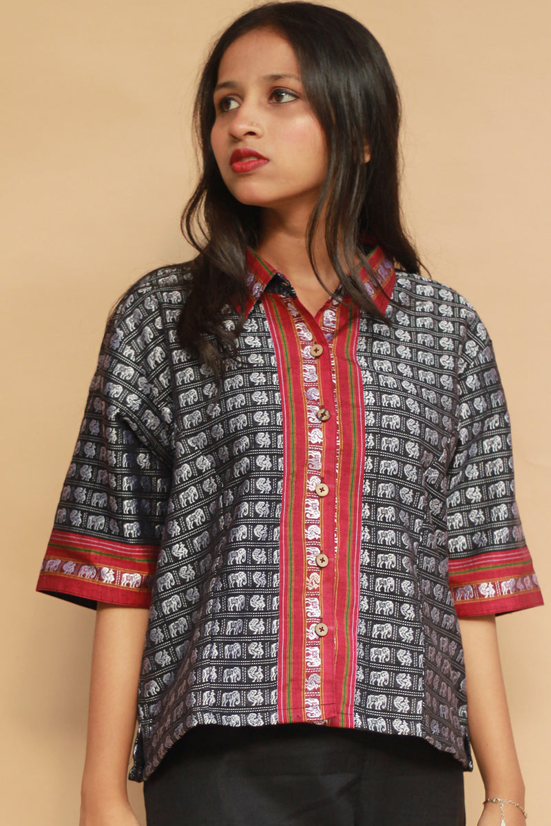 Kanaka | Khunn Cropped Shirt / Blouse | Noir & Silver Elephants