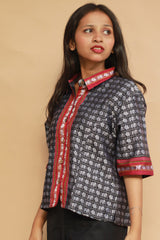 Kanaka | Khunn Cropped Shirt / Blouse | Noir & Silver Elephants