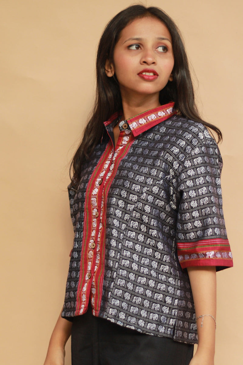 Kanaka | Khunn Cropped Shirt / Blouse | Noir & Silver Elephants