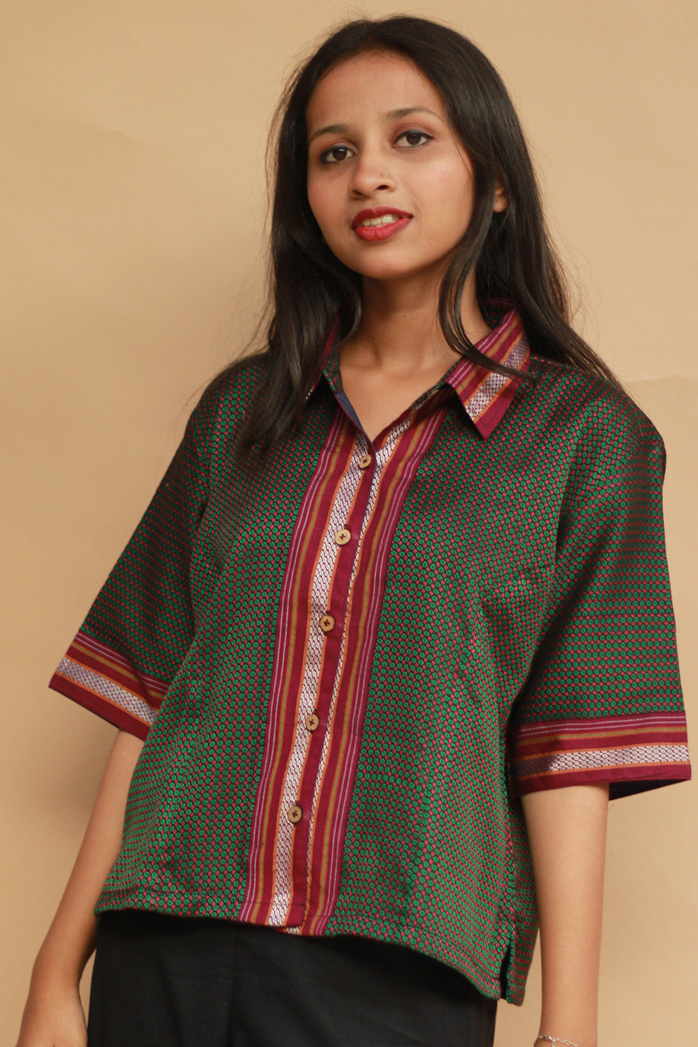 Kanaka | Khunn Cropped  Shirt-Blouse | Moss Green & Purple