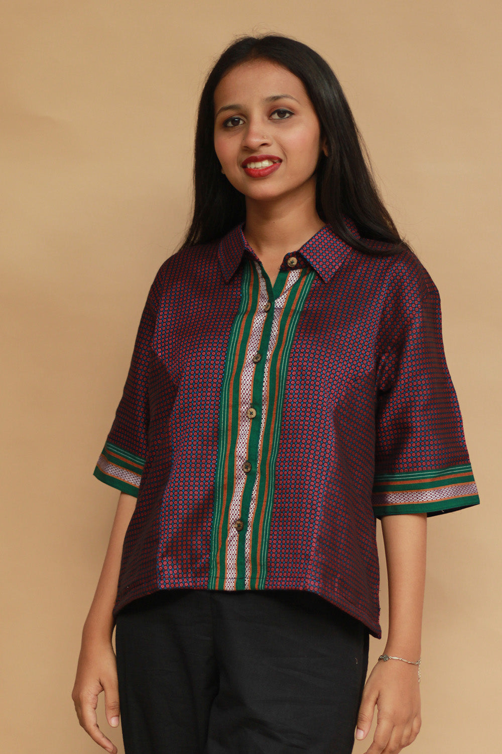 Kanaka | Khunn Cropped  Shirt-Blouse | Pink & Green
