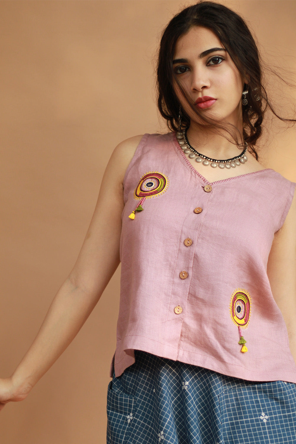 Gor Banjara | Linen Buttoned Vest | Embroidered | Dusk Pink