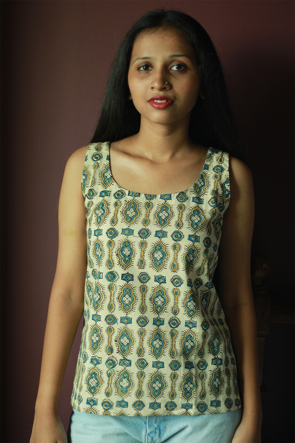 Sleeveless Top | Cotton | Beige Ajrakh
