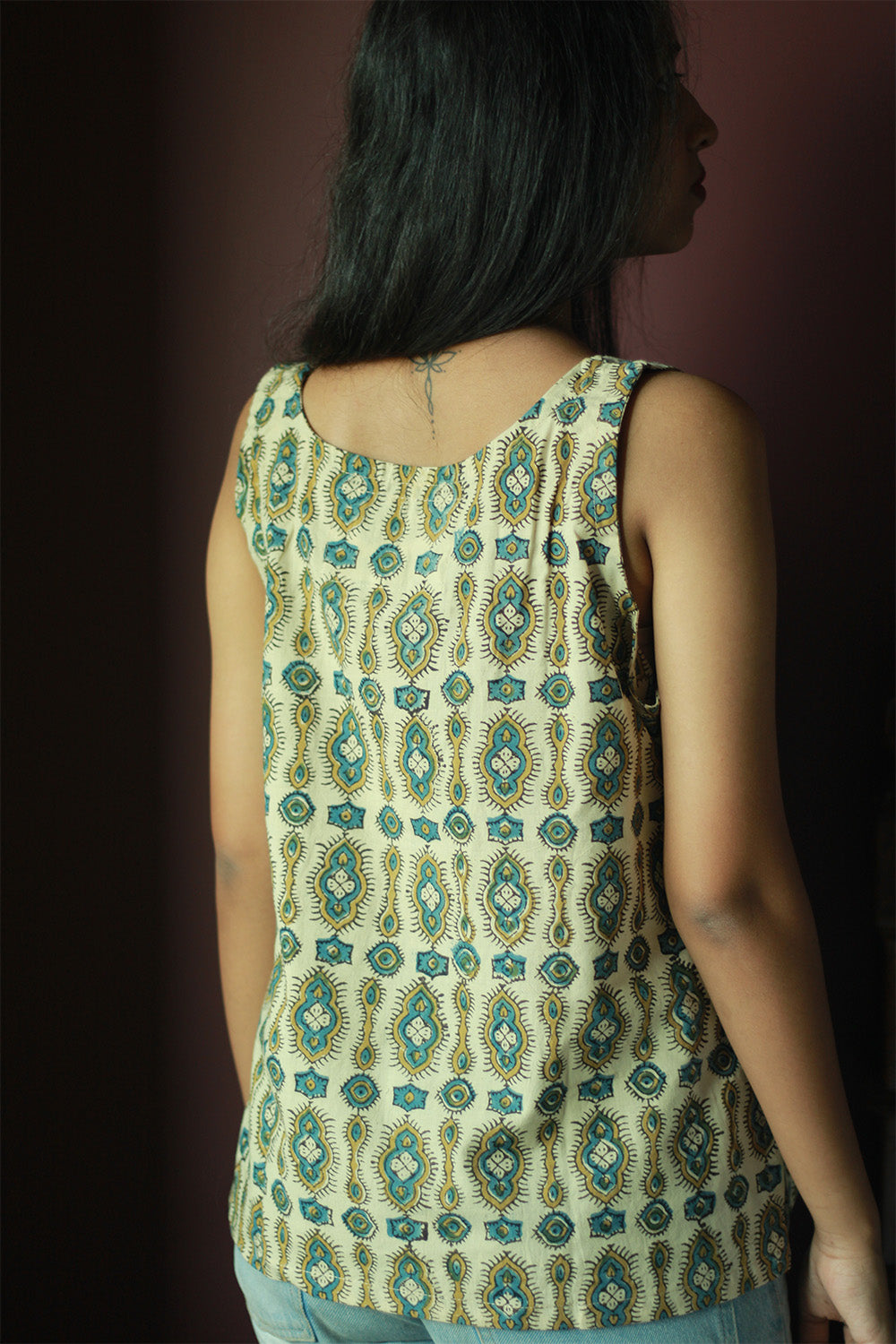 Sleeveless Top | Cotton | Beige Ajrakh