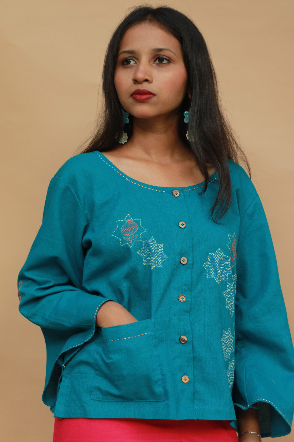 Ambrai |  Embroidered Cotton Shirt | Azure Blue