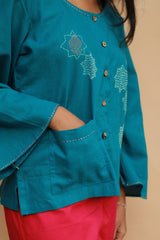 Ambrai |  Embroidered Cotton Shirt | Azure Blue