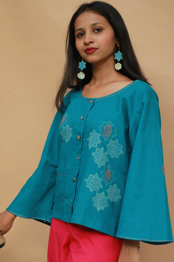 Ambrai |  Embroidered Cotton Shirt | Azure Blue