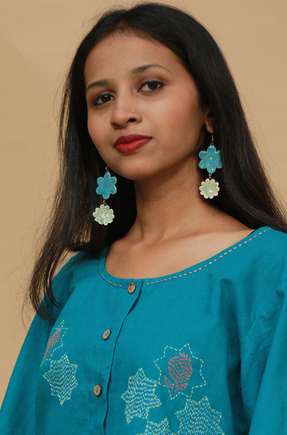 Sadhvi | Ceramic Double Flower Earrings | Azure & Mint