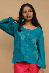 Ambrai |  Embroidered Cotton Shirt | Azure Blue