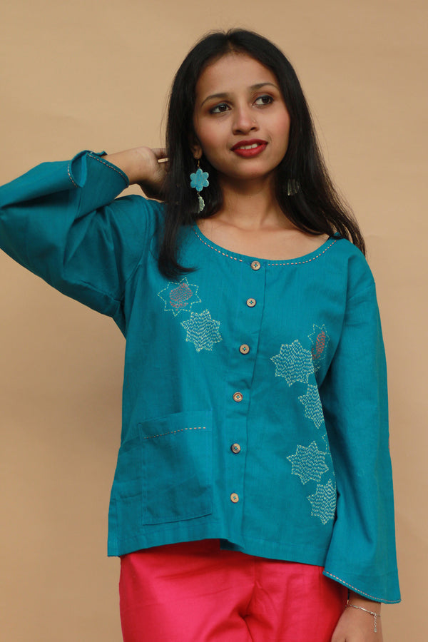 Ambrai |  Embroidered Cotton Shirt | Azure Blue