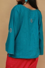 Ambrai |  Embroidered Cotton Shirt | Azure Blue