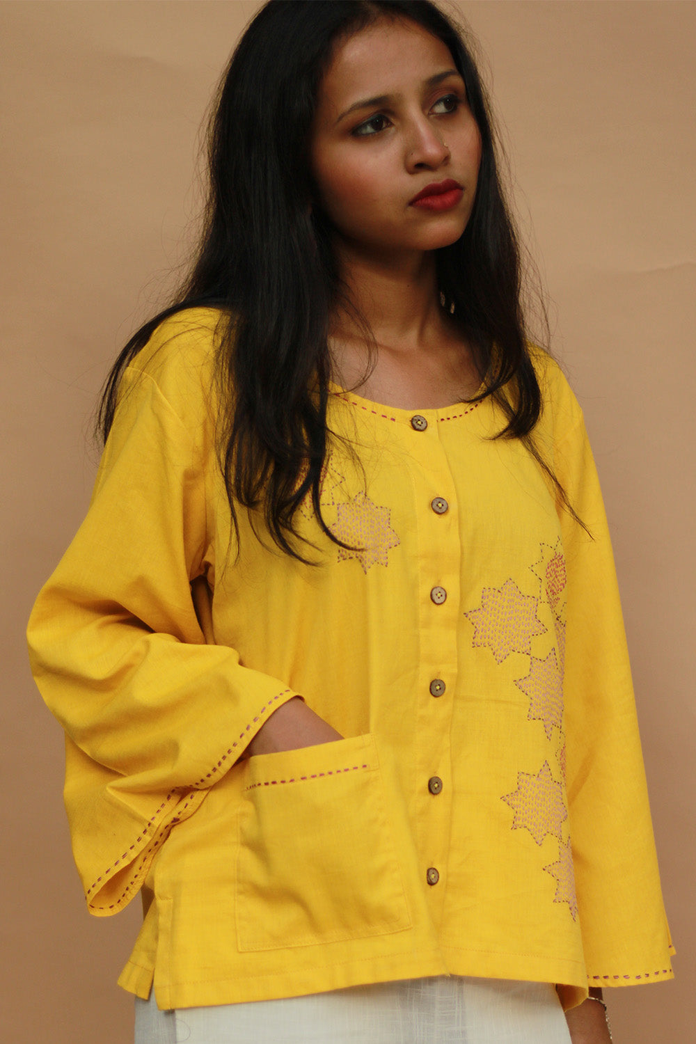 Ambrai |  Embroidered Cotton Shirt | Chrome Yellow