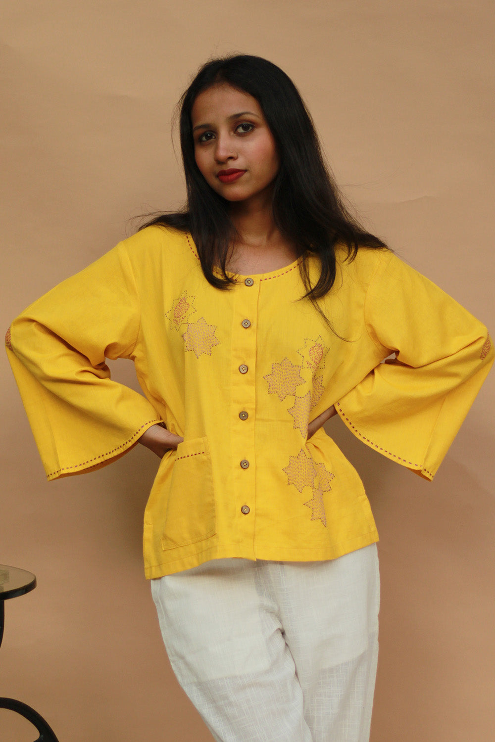 Ambrai |  Embroidered Cotton Shirt | Chrome Yellow