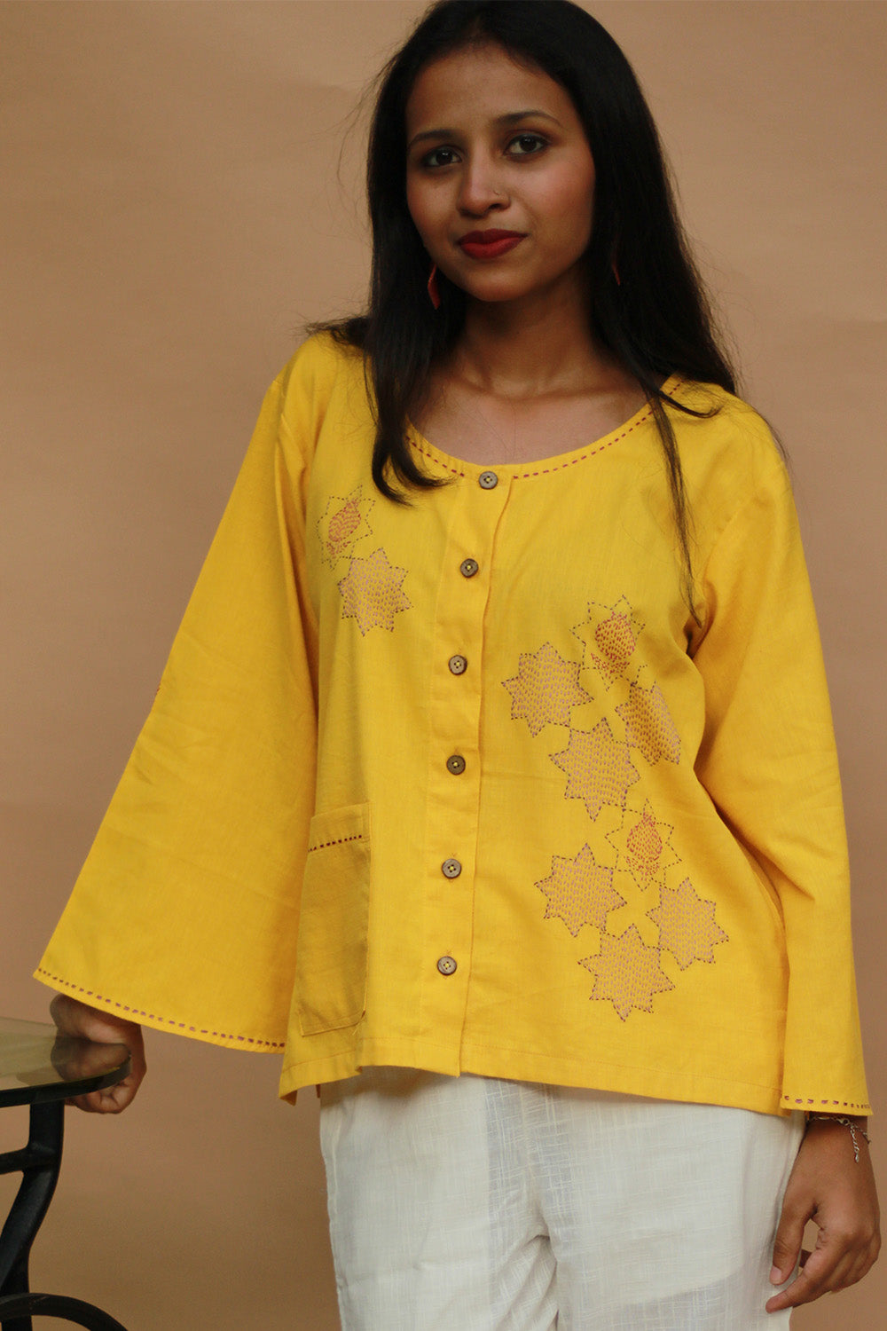 Ambrai |  Embroidered Cotton Shirt | Chrome Yellow
