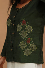 Ambrai |  Embroidered Cotton Shirt | Forest Green