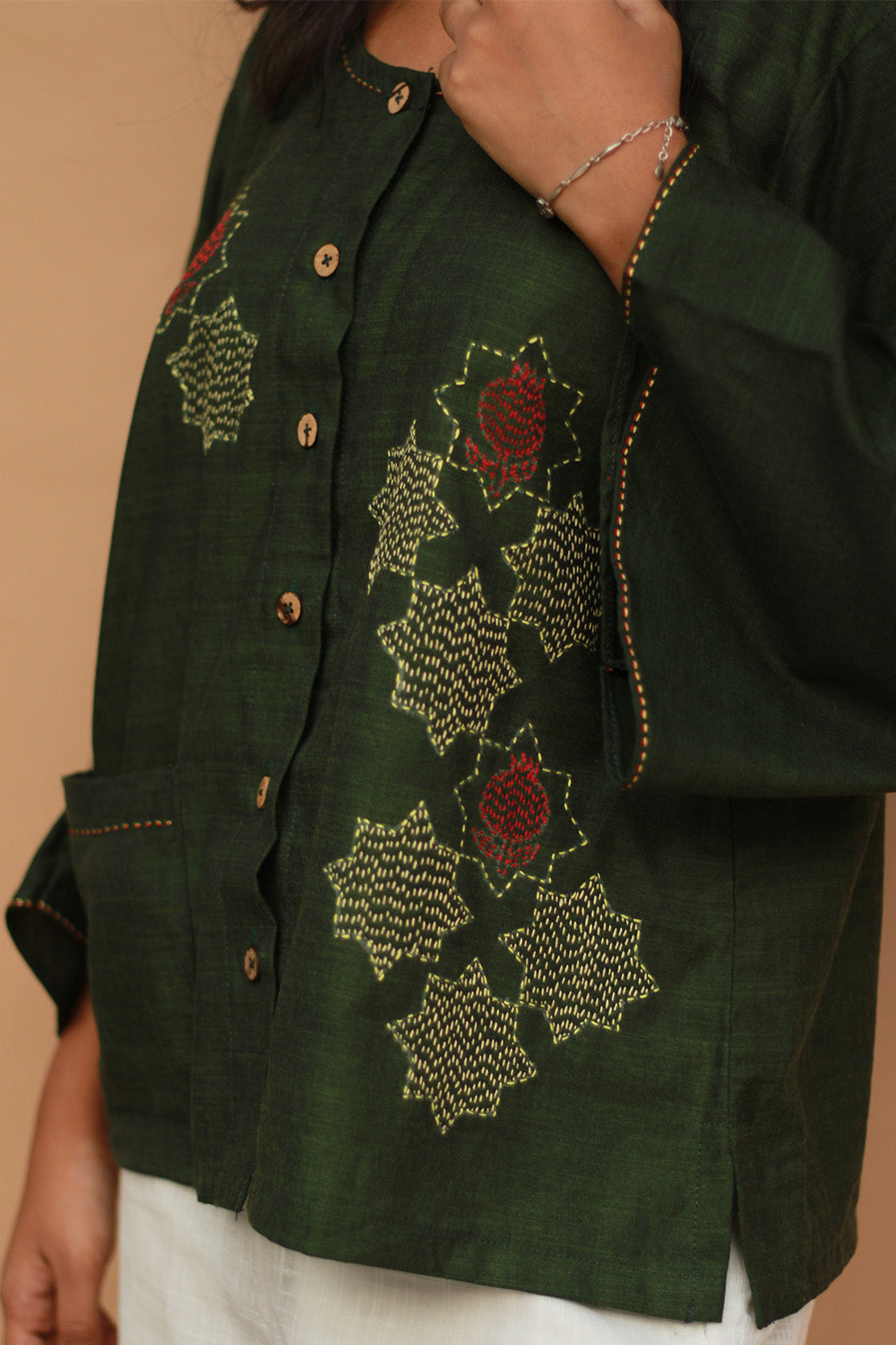 Ambrai | Embroidered Cotton Shirt | Forest Green