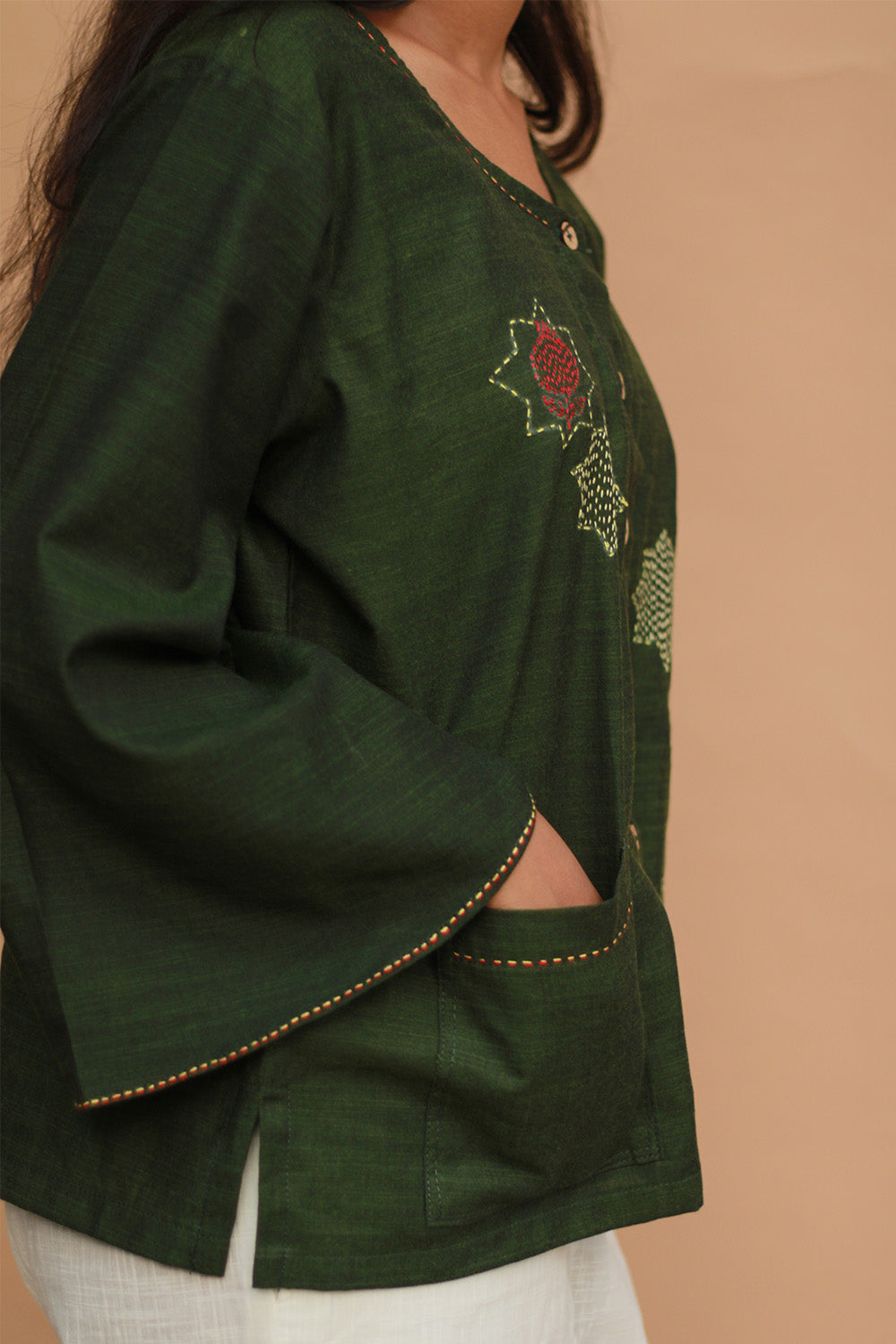 Ambrai | Embroidered Cotton Shirt | Forest Green