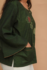 Ambrai |  Embroidered Cotton Shirt | Forest Green