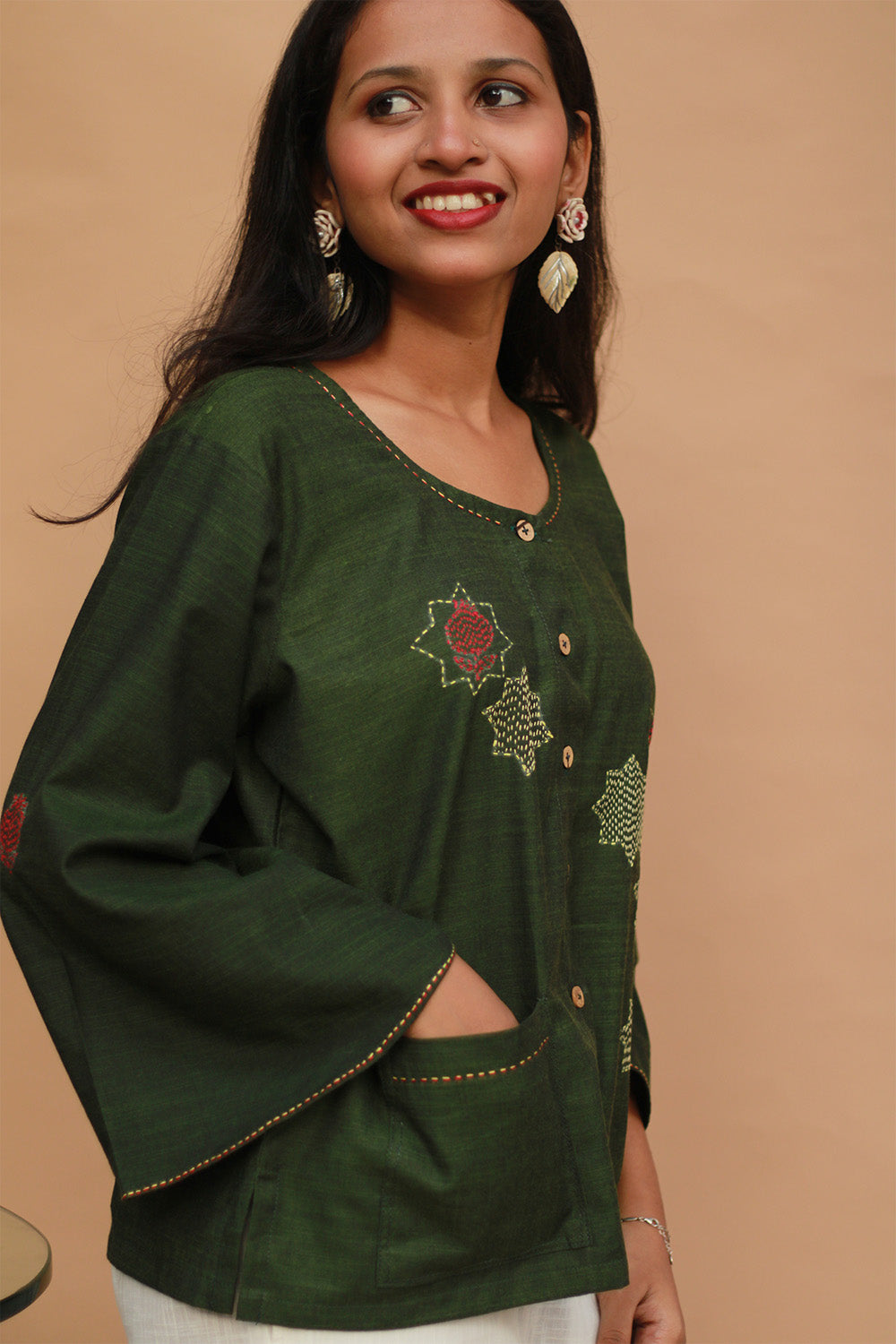 Ambrai | Embroidered Cotton Shirt | Forest Green