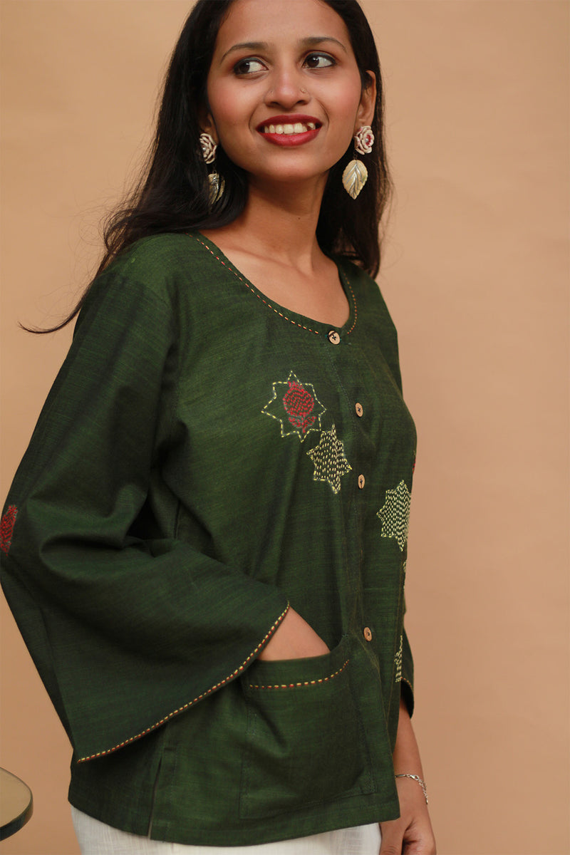 Ambrai |  Embroidered Cotton Shirt | Forest Green
