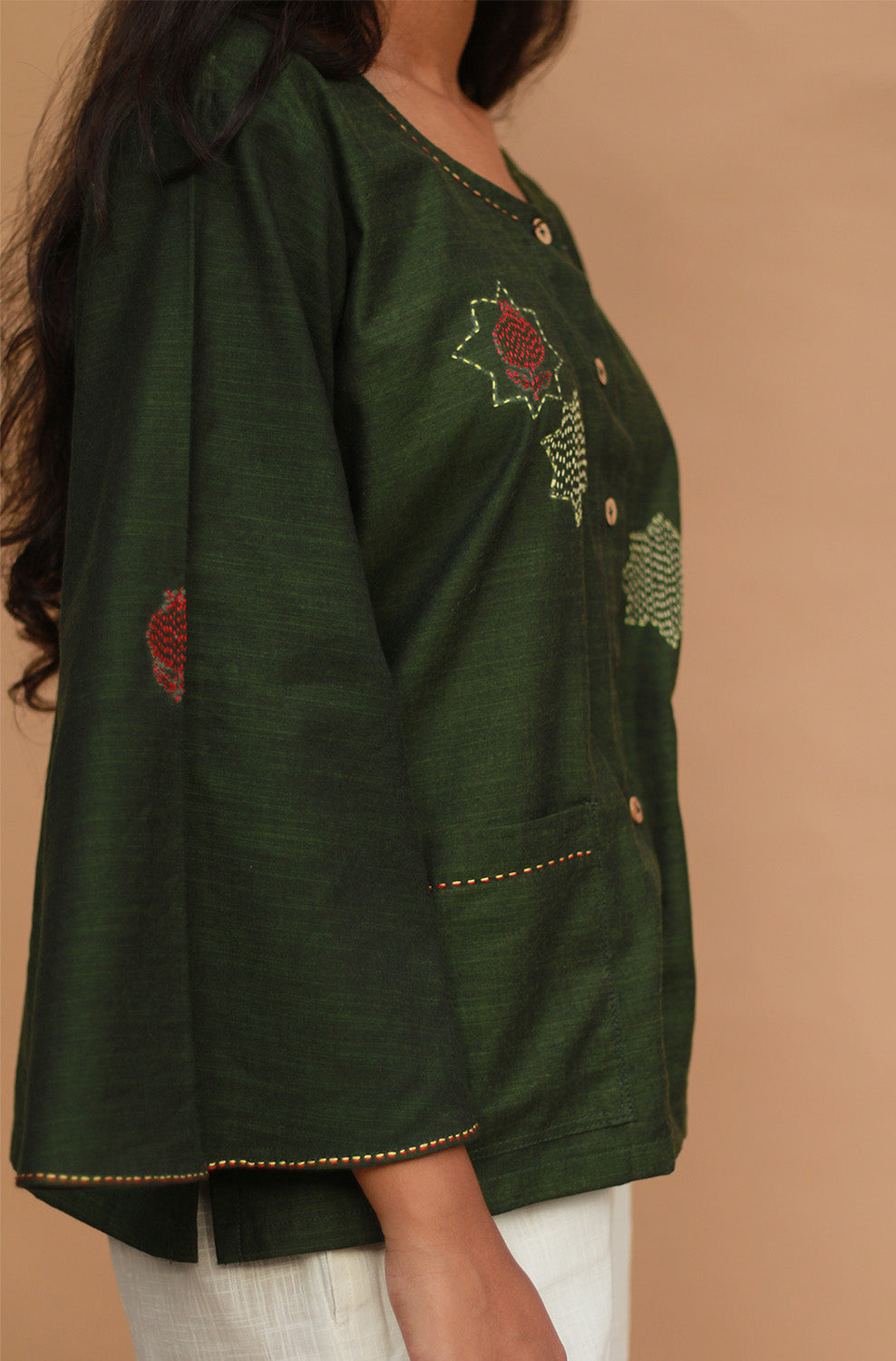 Ambrai | Embroidered Cotton Shirt | Forest Green