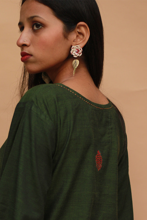 Sadhvi | Ceramic Earrings | Off white Flower & Green Leaf