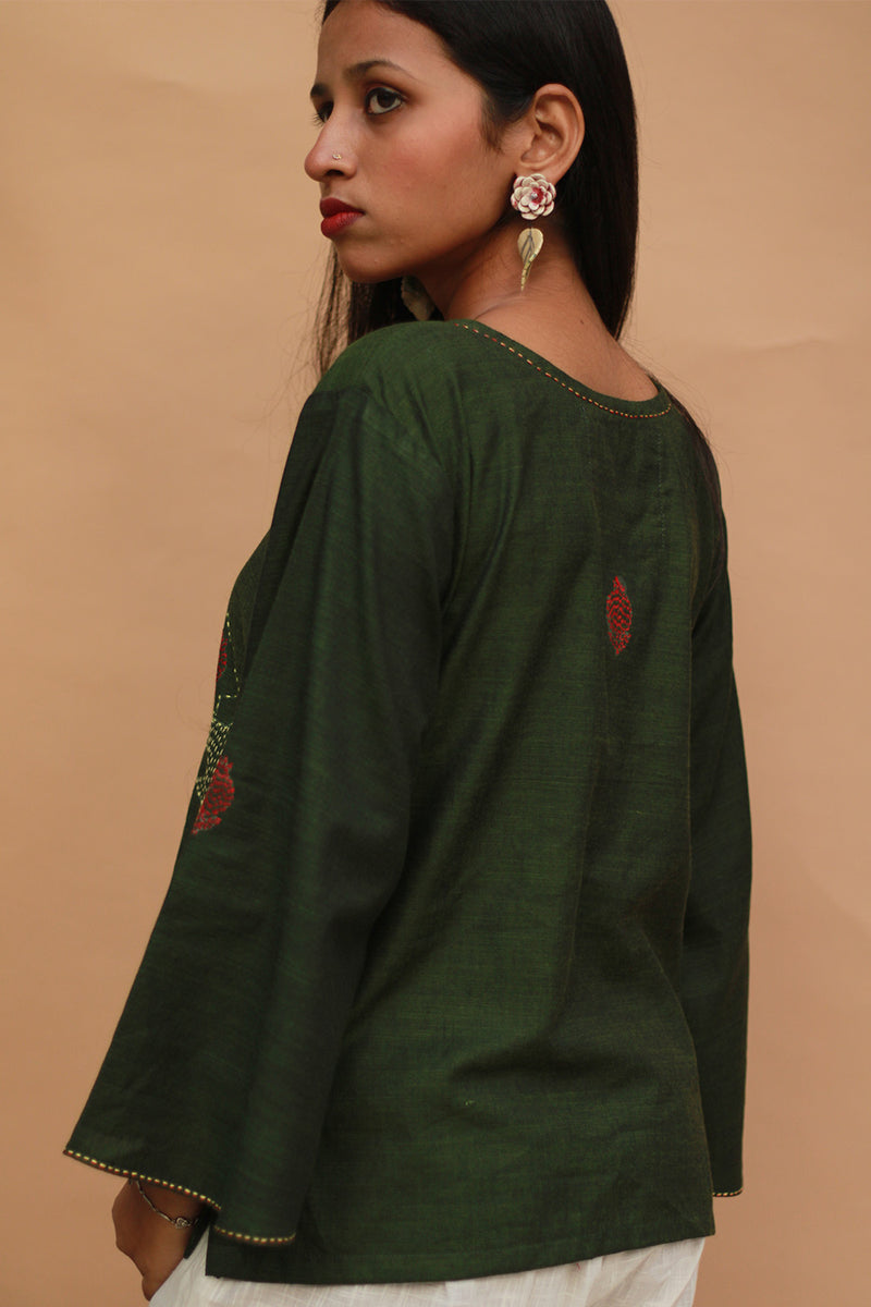 Ambrai |  Embroidered Cotton Shirt | Forest Green