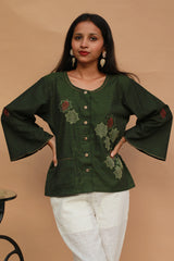 Ambrai |  Embroidered Cotton Shirt | Forest Green